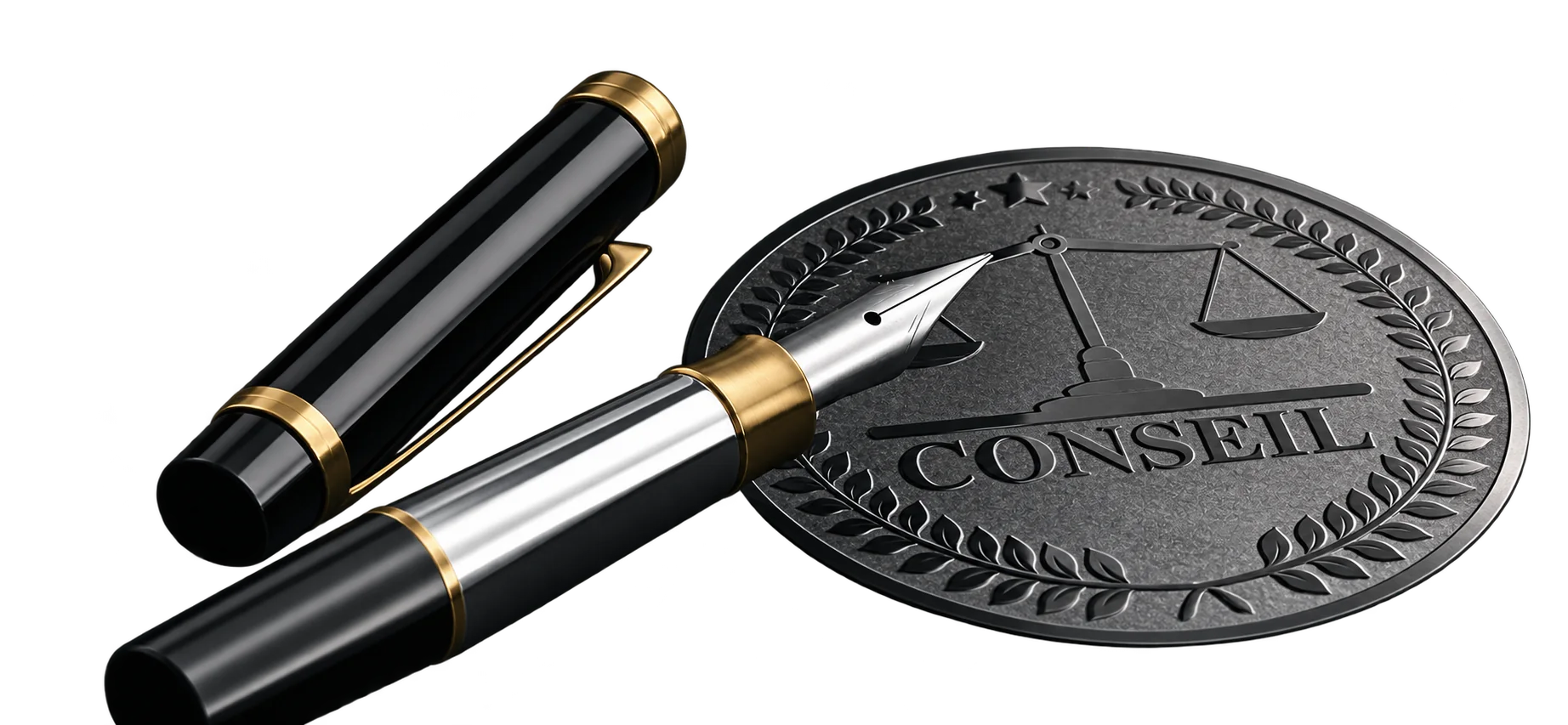 Un stylo plume noir et argenté aux anneaux dorés, son capuchon à côté, repose sur un papier noir orné d'un sceau en relief avec une balance et le mot CONSEIL.